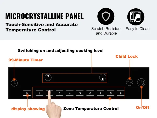 VEVOR electric cooktop control panel with touch-sensitive buttons, timer function, and child lock.