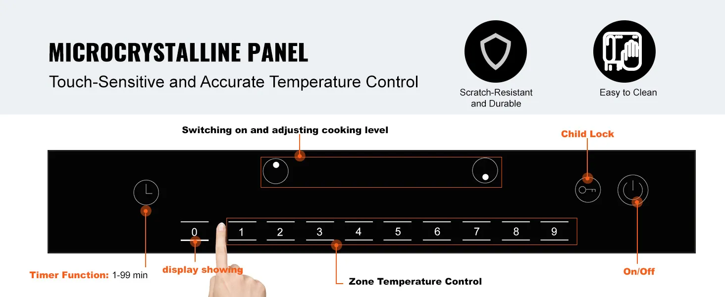 VEVOR electric cooktop control panel with touch-sensitive buttons, timer function, and child lock.