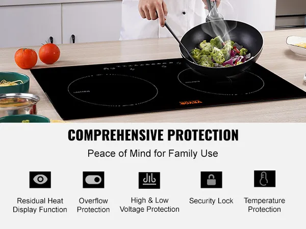 modern kitchen with a VEVOR electric cooktop, vegetables in a pan, and pasta in ceramic dishes.