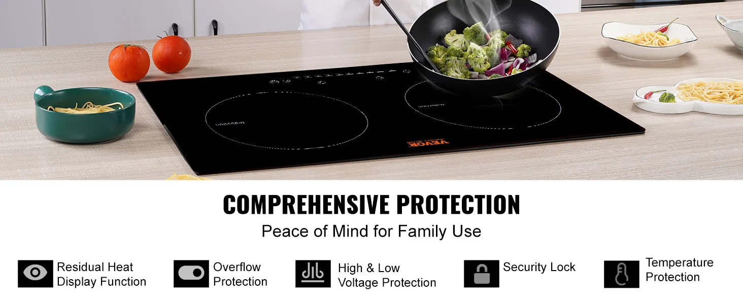 modern kitchen with a VEVOR electric cooktop, vegetables in a pan, and pasta in ceramic dishes.