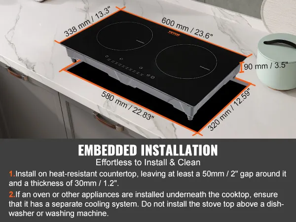 VEVOR electric cooktop installation dimensions and instructions on a marble countertop.