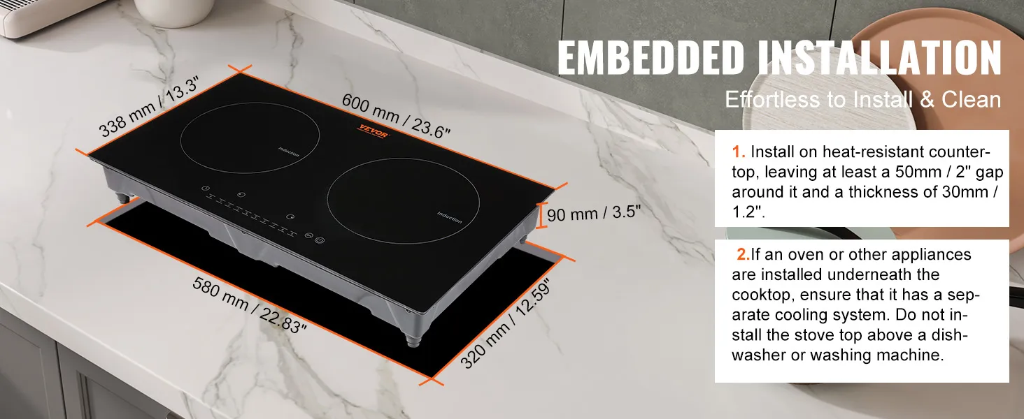 VEVOR electric cooktop installation dimensions and instructions on a marble countertop.