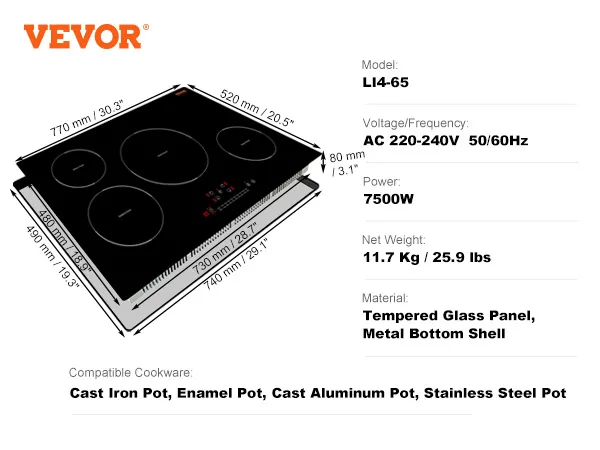 Cocina eléctrica VEVOR li4-65, 7500w, panel de vidrio templado, compatible con varios utensilios de cocina.
