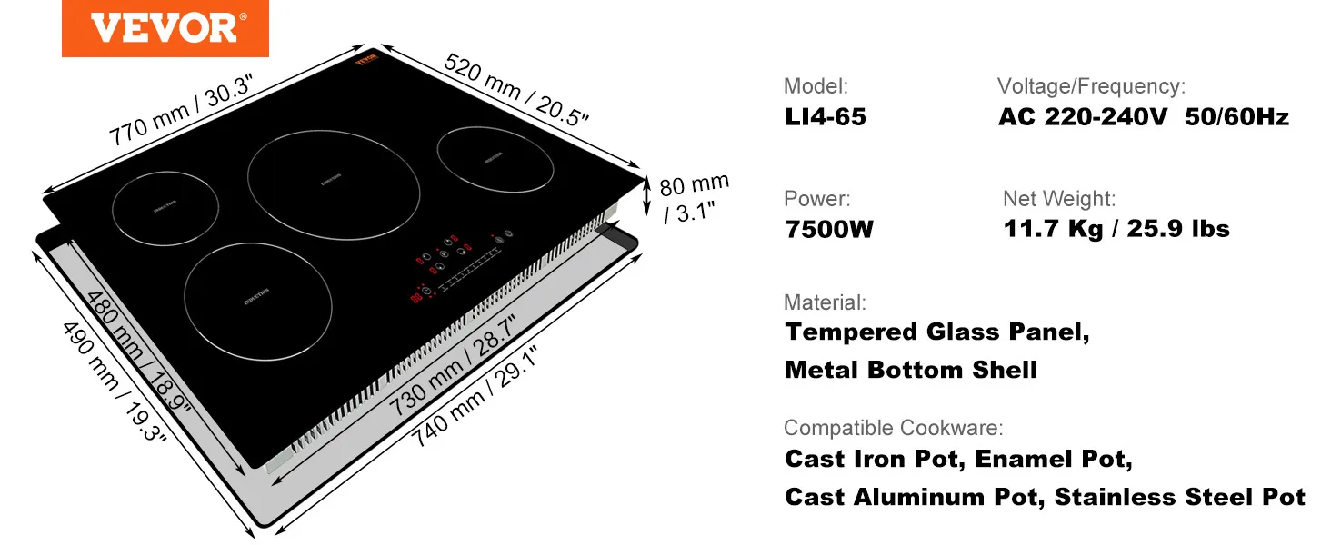 Cocina eléctrica VEVOR li4-65, 7500w, panel de vidrio templado, compatible con varios utensilios de cocina.