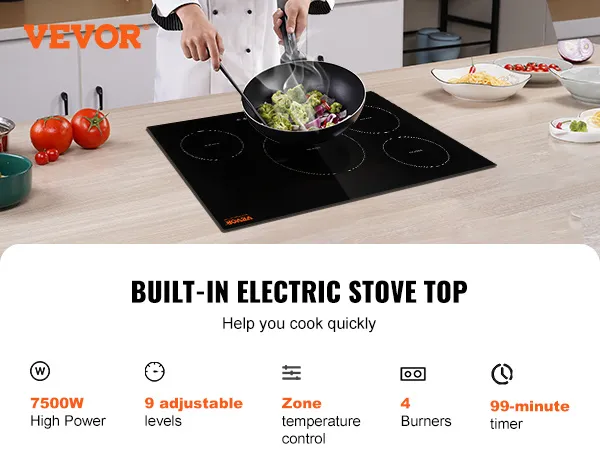 Cocina eléctrica VEVOR con 4 quemadores, 9 niveles ajustables y 7500w de potencia para una cocción eficiente.