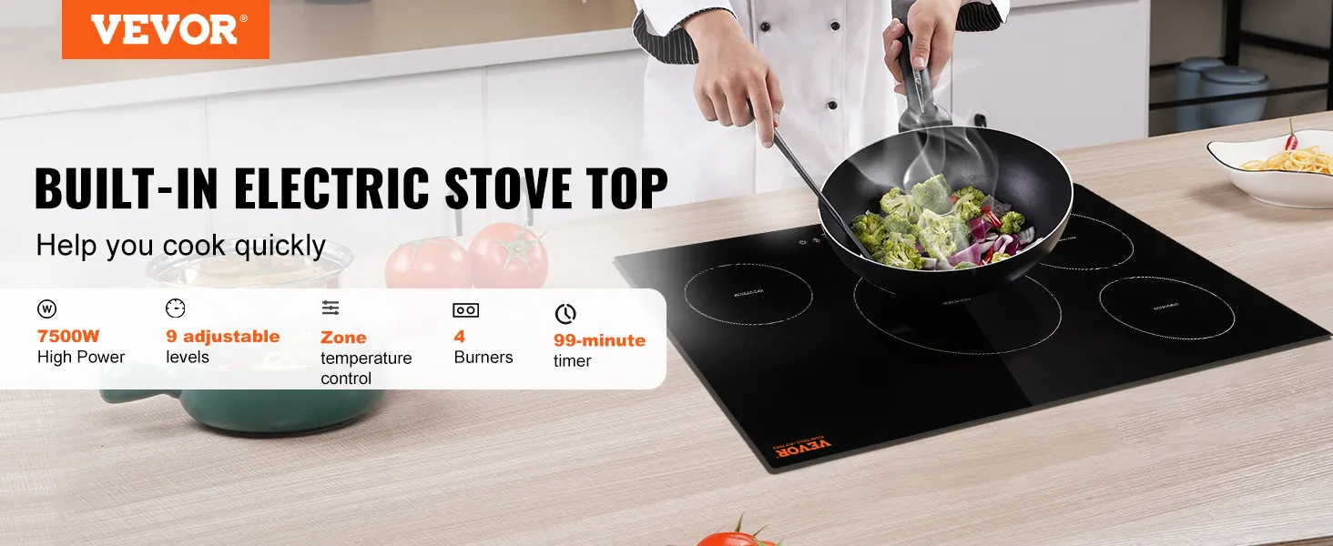 Cocina eléctrica VEVOR con 4 quemadores, 9 niveles ajustables y 7500w de potencia para una cocción eficiente.