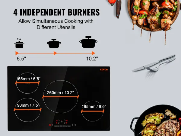 Cocina eléctrica VEVOR con 4 quemadores independientes para cocinar simultáneamente, rodeada de vajilla.