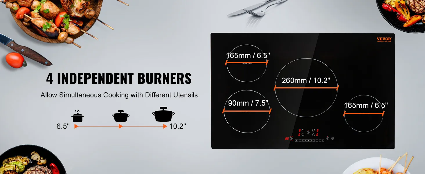 Cocina eléctrica VEVOR con 4 quemadores independientes para cocinar simultáneamente, rodeada de vajilla.
