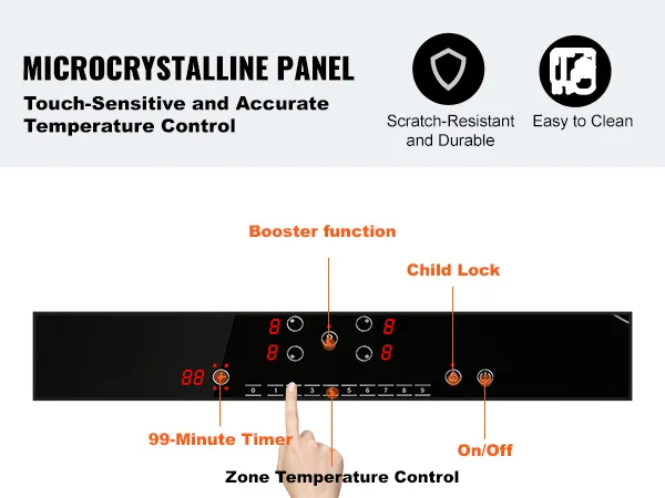 Cocina eléctrica VEVOR con controles sensibles al tacto, panel microcristalino, bloqueo para niños y función de temporizador.