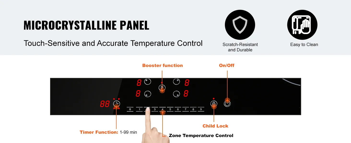 Cocina eléctrica VEVOR con controles sensibles al tacto, panel microcristalino, bloqueo para niños y función de temporizador.