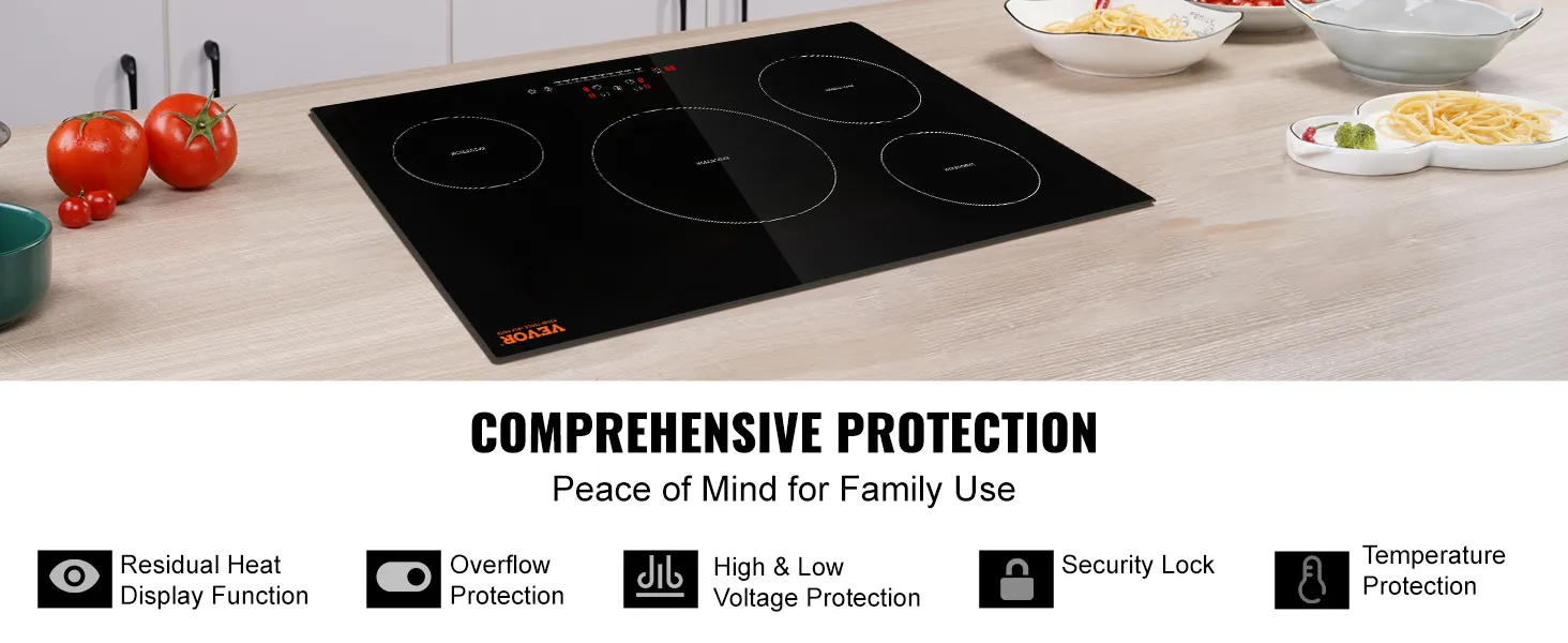 Placa de cocina eléctrica VEVOR con funciones de protección integral, rodeada de cuencos para tomates y pastas.