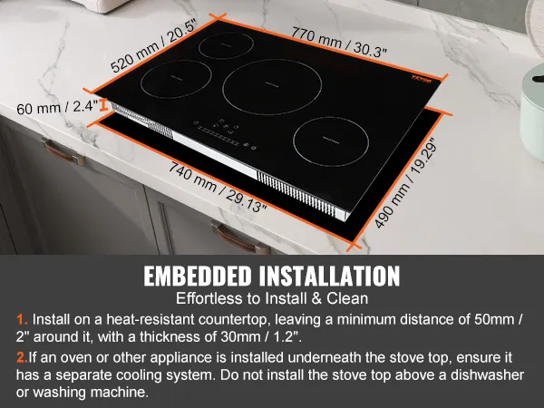 Placa de cocina eléctrica VEVOR empotrada en encimera de mármol con instrucciones de instalación y medidas.