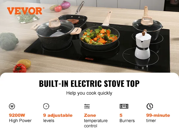 Cocina eléctrica VEVOR de 5 quemadores, 9200w de potencia, cocción de verduras con fondo de cocina.