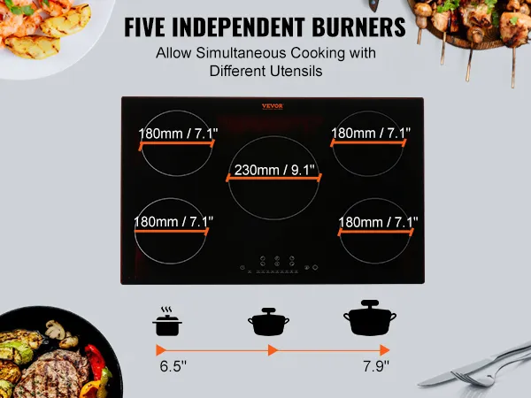 Cocina eléctrica VEVOR con cinco quemadores independientes, rodeada de diversos platos cocinados.