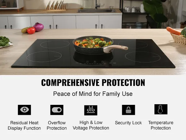 Cocina eléctrica VEVOR con verduras en sartén, funciones de protección integrales mostradas.