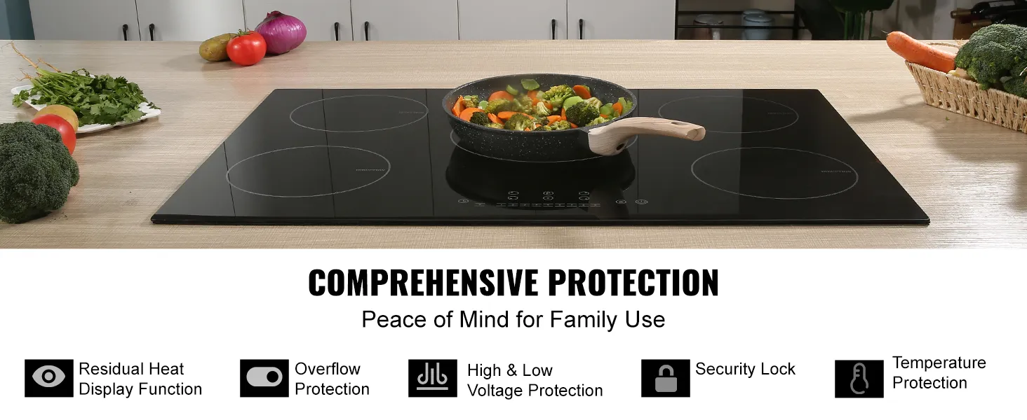 Cocina eléctrica VEVOR con verduras en sartén, funciones de protección integrales mostradas.