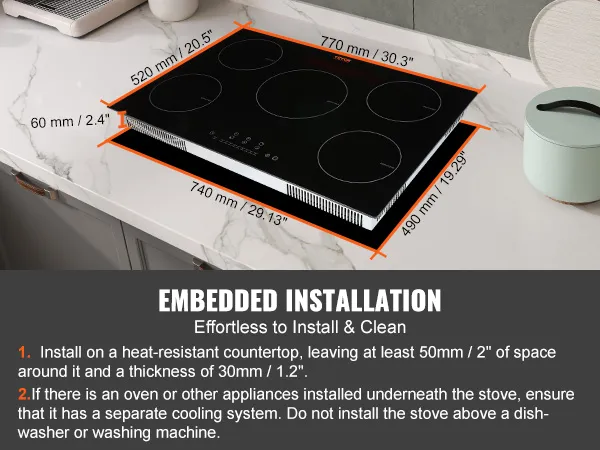 Placa de cocina eléctrica VEVOR con dimensiones y guía de instalación sobre encimera de mármol.