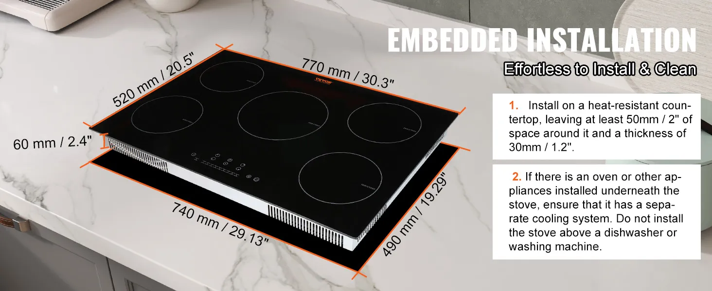 Placa de cocina eléctrica VEVOR con dimensiones y guía de instalación sobre encimera de mármol.