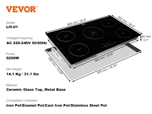 VEVOR electric cooktop li5-01, 9200w, ceramic glass top, dimensions: 900mm x 520mm x 80mm.