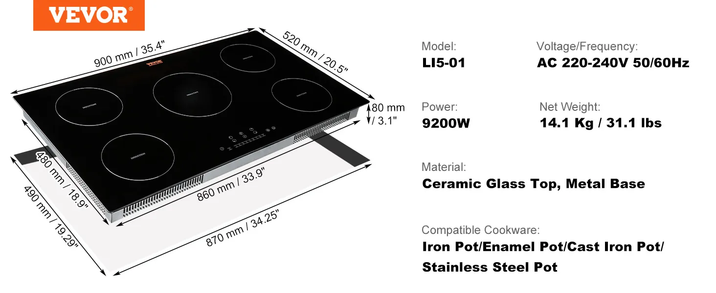 VEVOR electric cooktop li5-01, 9200w, ceramic glass top, dimensions: 900mm x 520mm x 80mm.