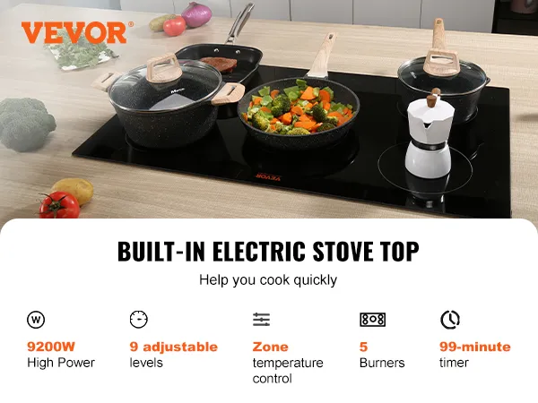VEVOR electric cooktop with 5 burners, 9200w power, and 9 adjustable levels in a modern kitchen setting.