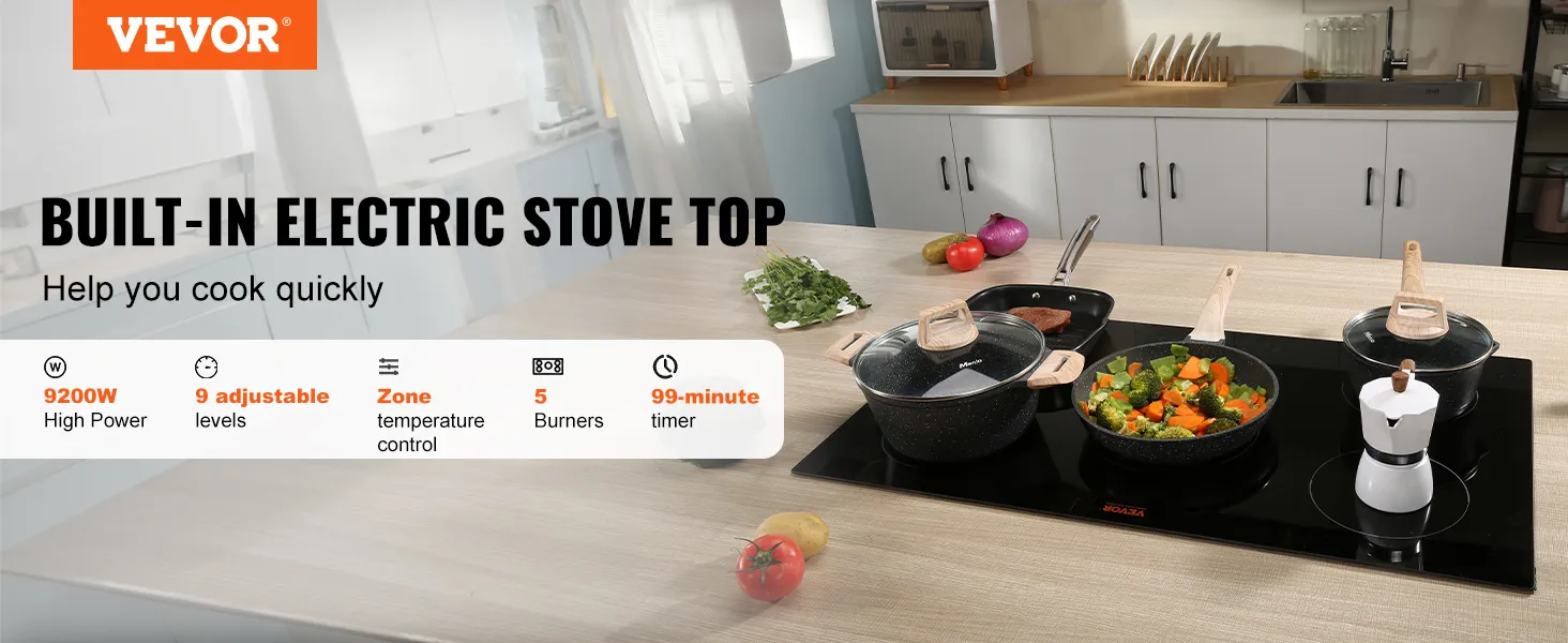VEVOR electric cooktop with 5 burners, 9200w power, and 9 adjustable levels in a modern kitchen setting.