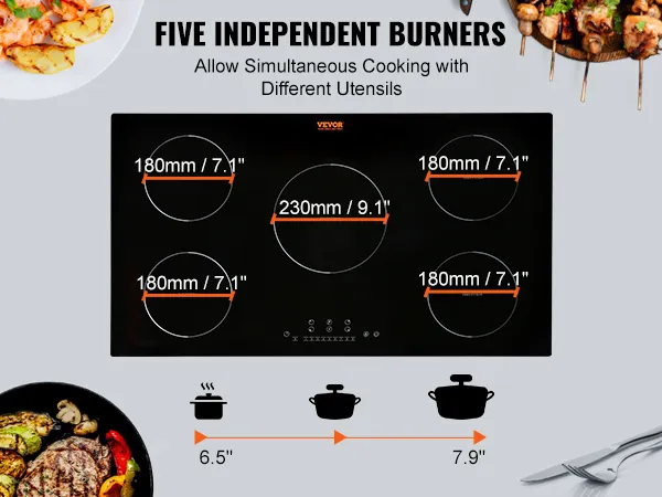 VEVOR electric cooktop with five independent burners for simultaneous cooking and various pan sizes.