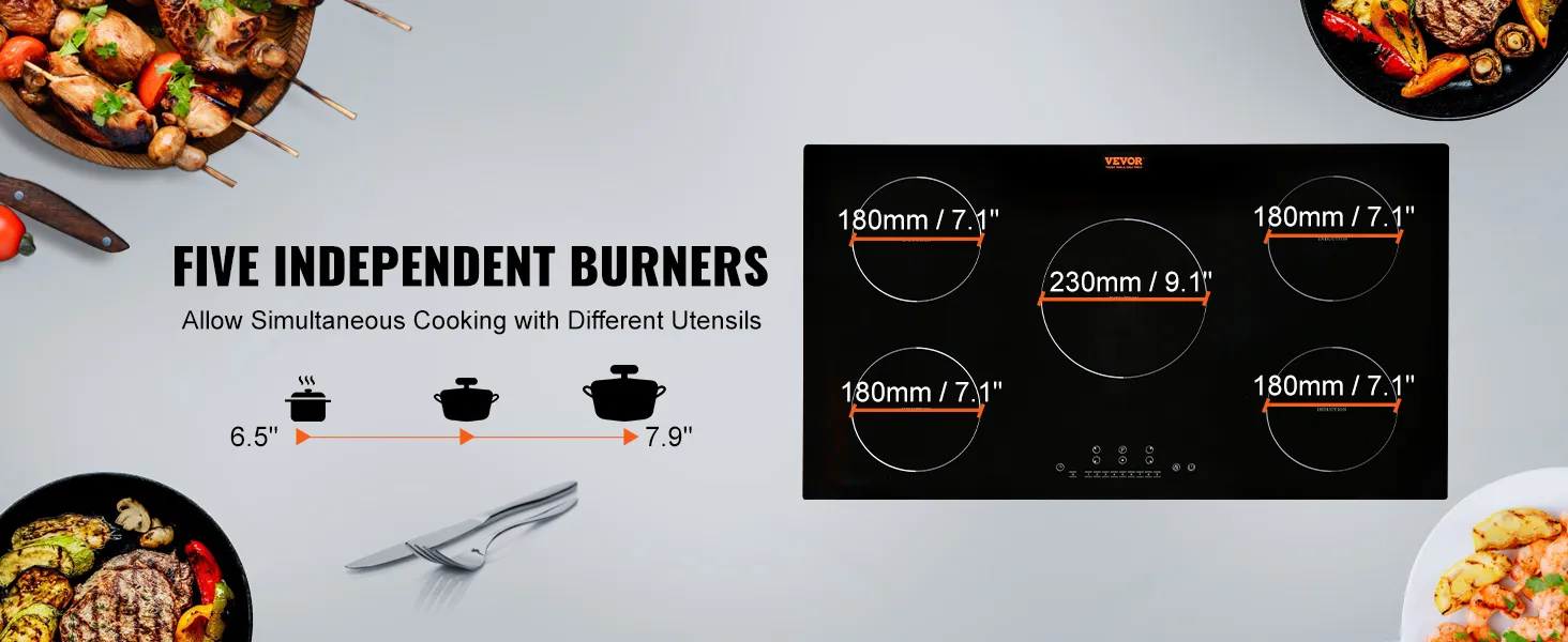 VEVOR electric cooktop with five independent burners for simultaneous cooking and various pan sizes.