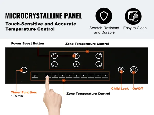 touch-sensitive VEVOR electric cooktop with microcrystalline panel, power boost, timer, and child lock.