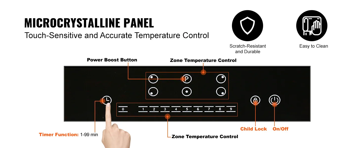 touch-sensitive VEVOR electric cooktop with microcrystalline panel, power boost, timer, and child lock.