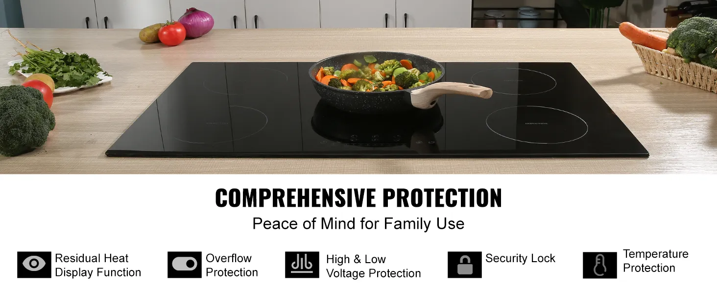 VEVOR electric cooktop with a pan of vegetables, featuring comprehensive protection for family use.