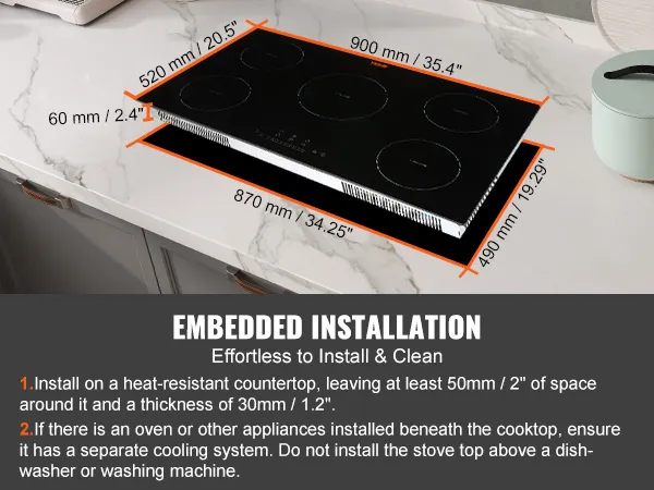VEVOR electric cooktop with embedded installation on marble countertop, easy to install and clean.