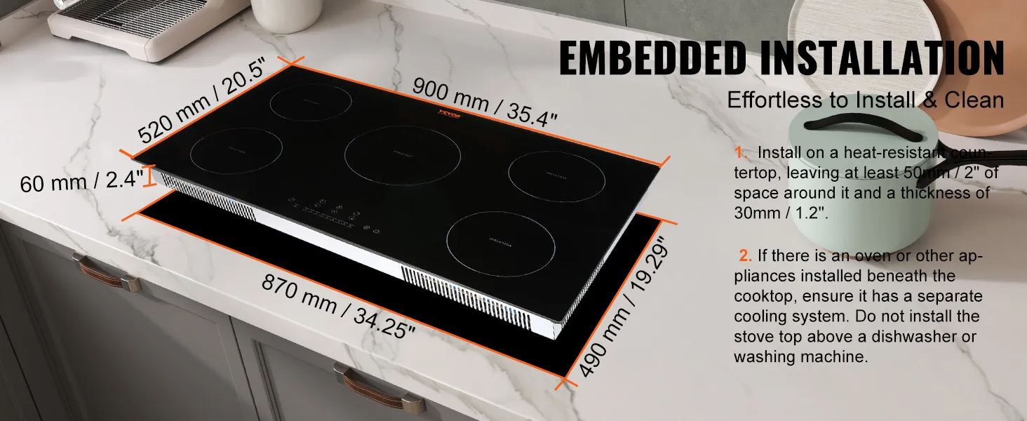 VEVOR electric cooktop with embedded installation on marble countertop, easy to install and clean.