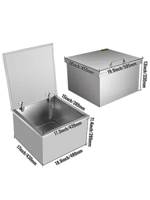 VEVOR drop in ice chest, stainless steel, with lid and dimensions in metric and inches.