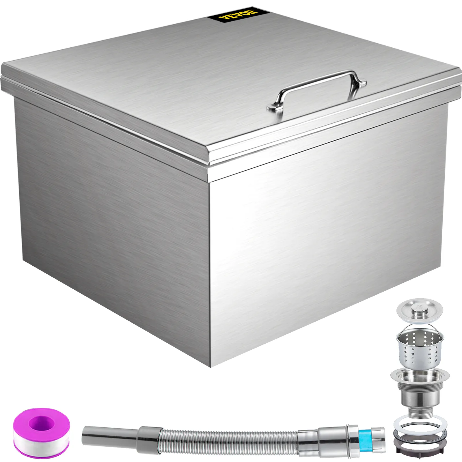 VEVOR drop in ice chest with stainless steel finish and included accessories.