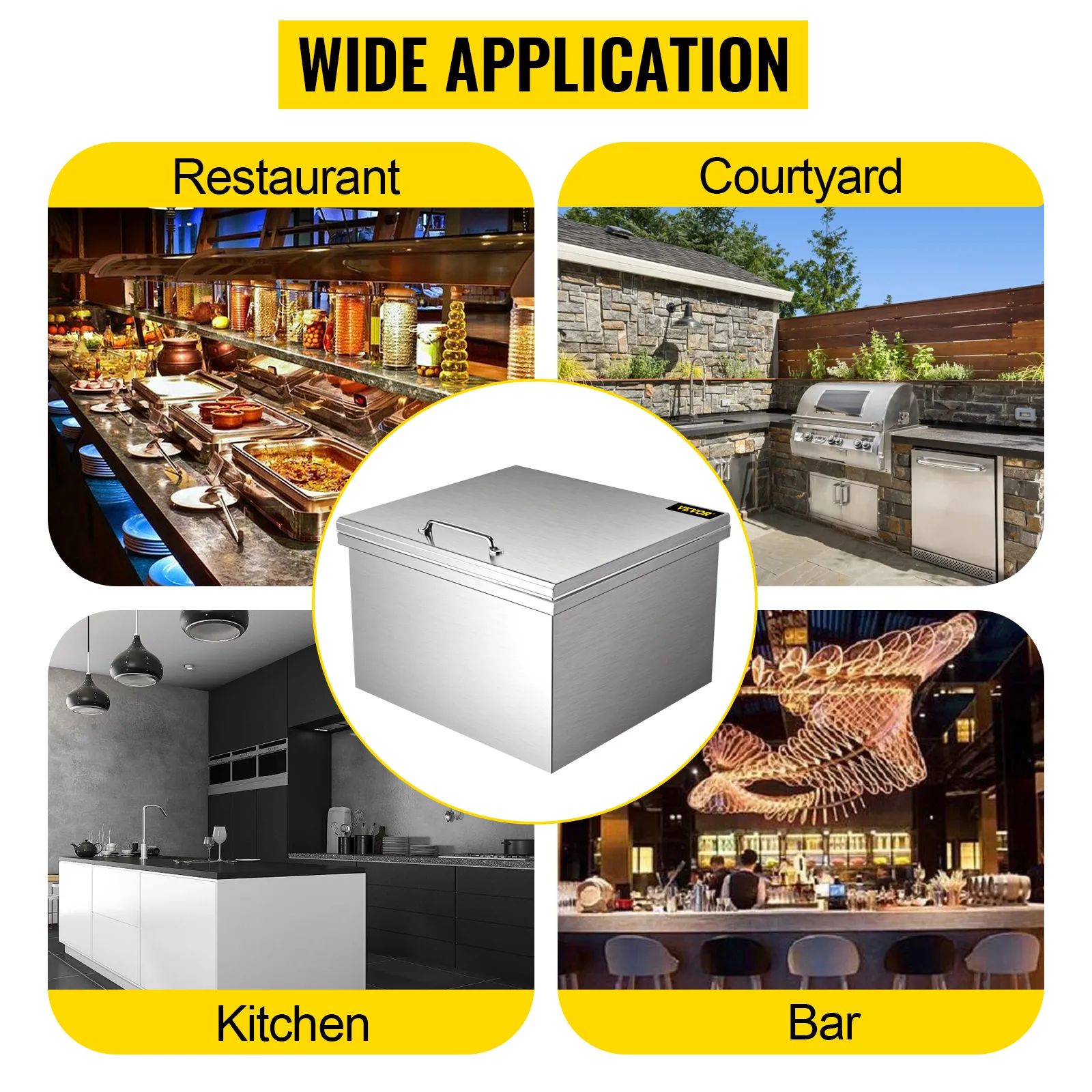 VEVOR drop in ice chest for restaurant, courtyard, kitchen, and bar settings.