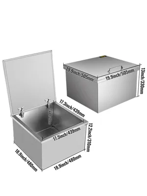 Hielera empotrada VEVOR con tapa, acero inoxidable, dimensiones mostradas.