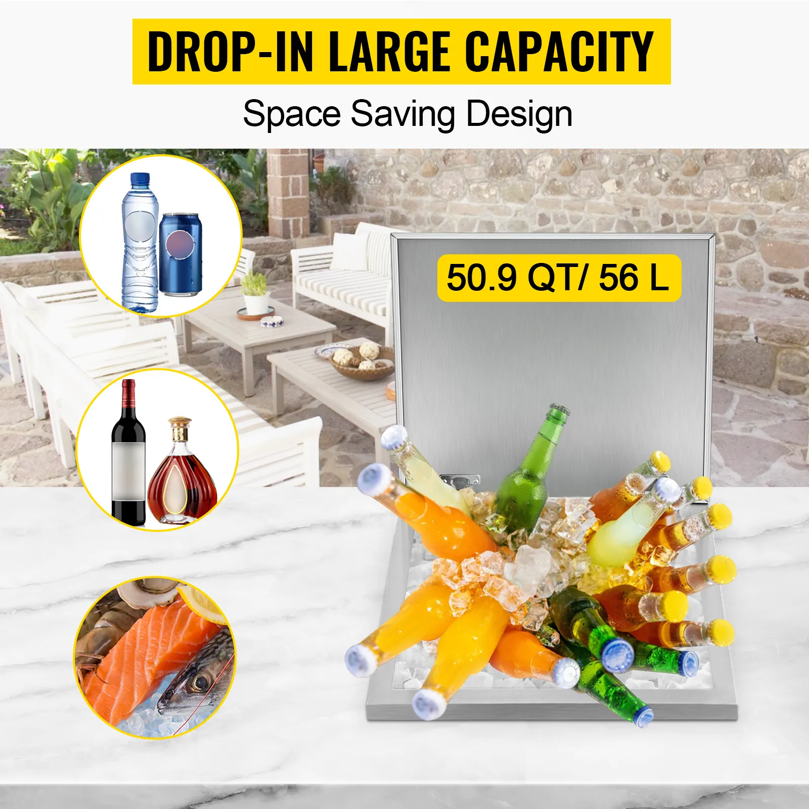 Hielera empotrable VEVOR, capacidad de 50,9 qt, para almacenar bebidas y mariscos en hielo.