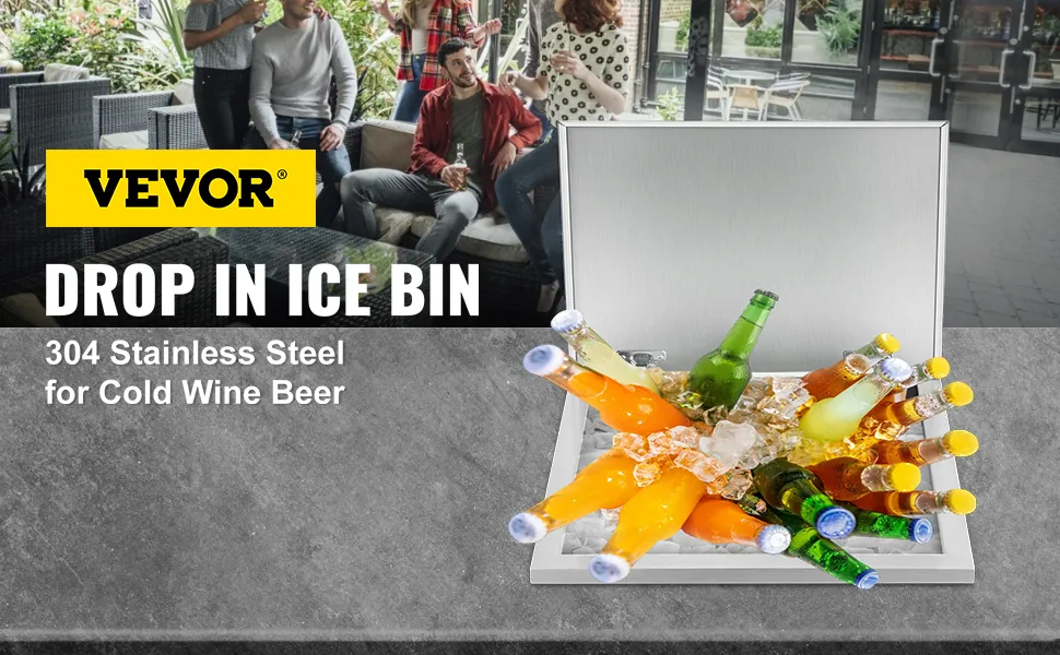Hielera empotrable VEVOR para bebidas frías con botellas en hielo y gente de fondo.