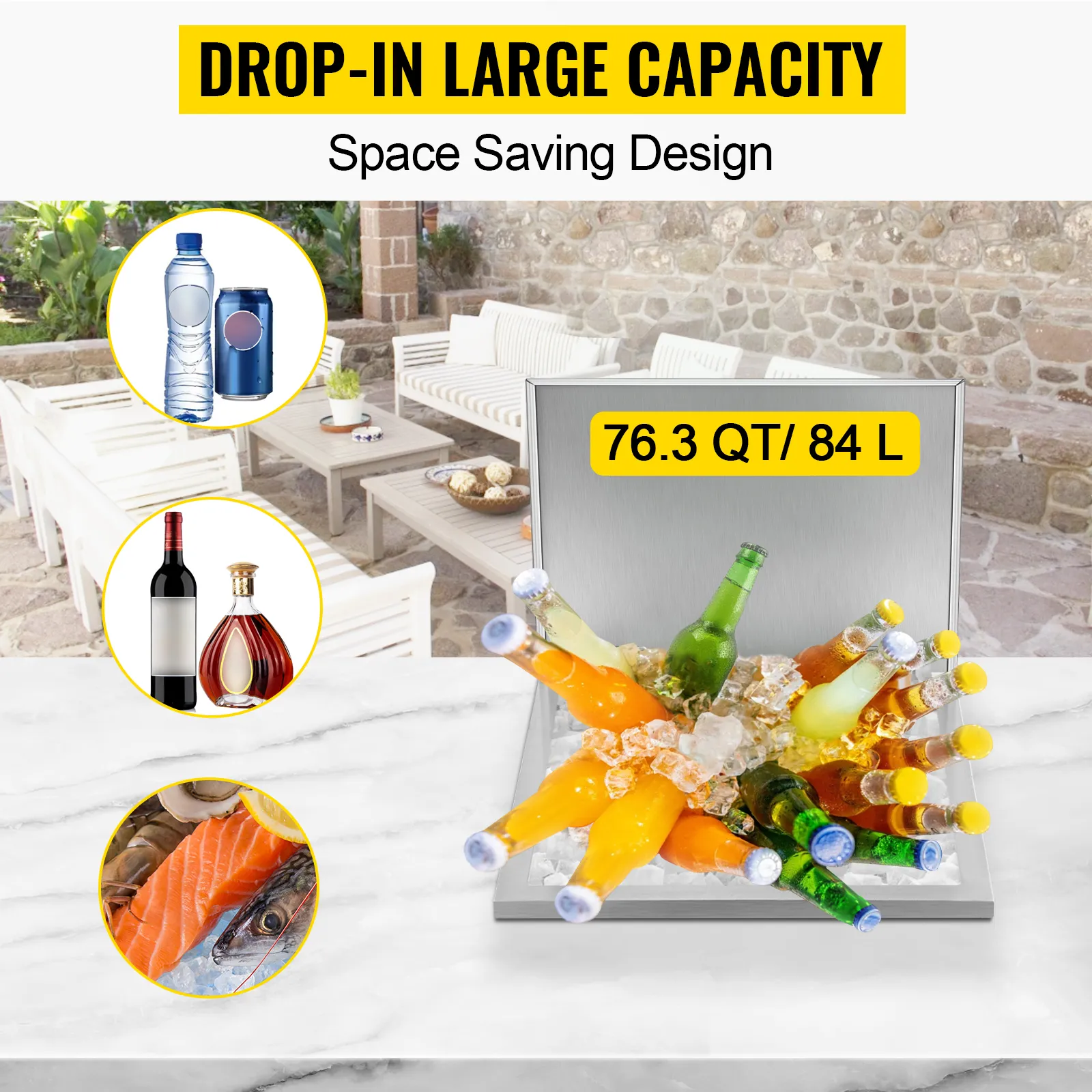 Hielera empotrable VEVOR con bebidas en hielo, con capacidad destacada de 76,3 qt/84 l.