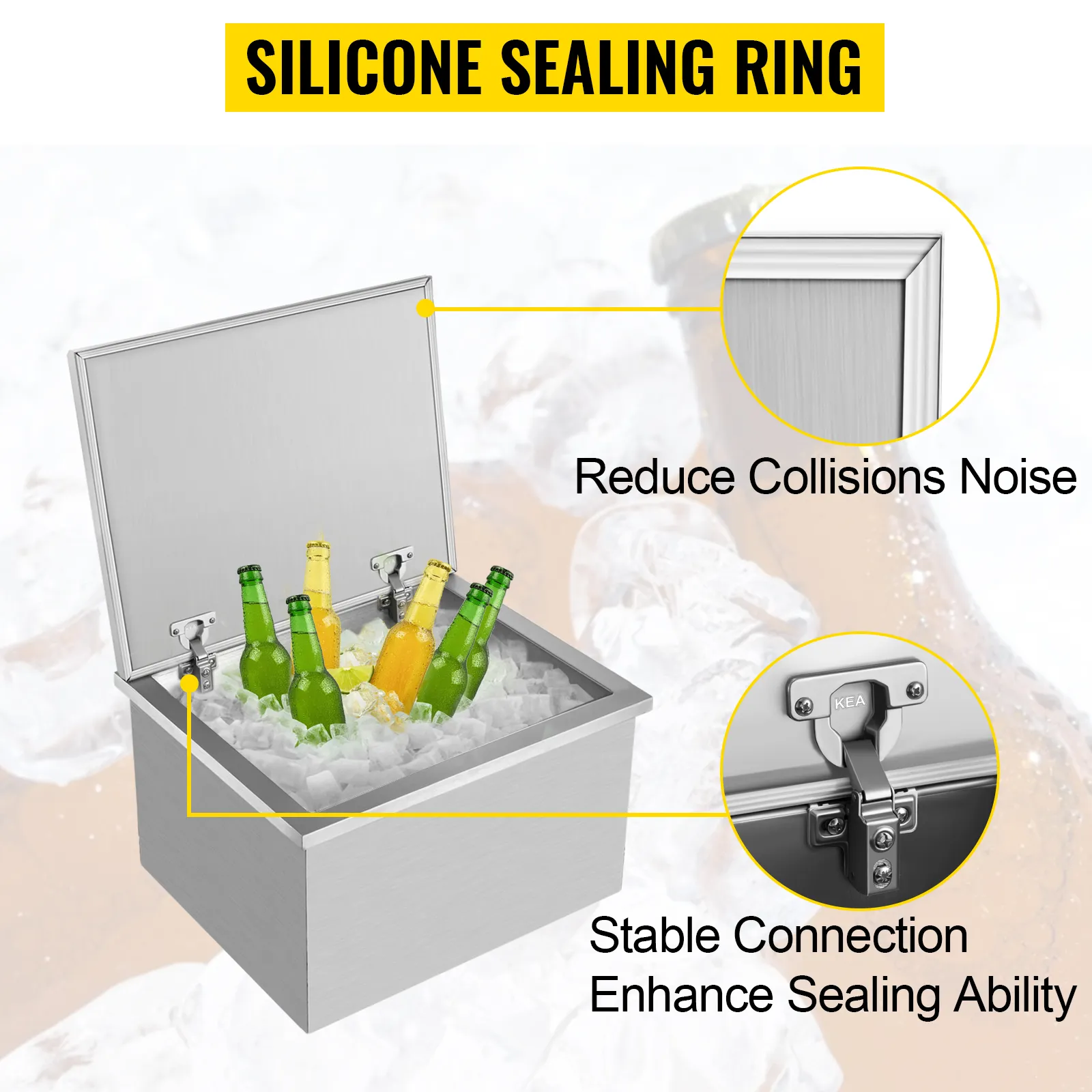 Hielera empotrable VEVOR con anillo de sellado de silicona para reducción de ruido y mejor sellado.