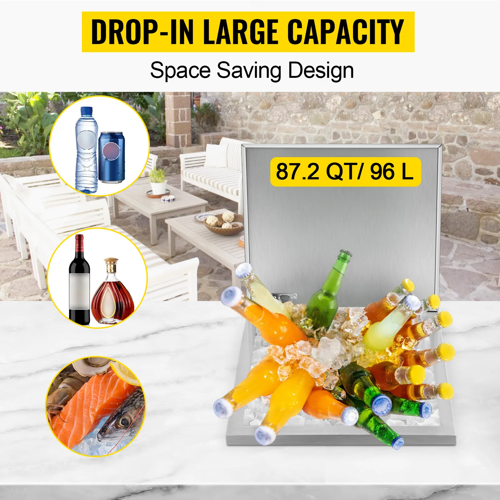 Hielera empotrable VEVOR con capacidad de 87,2 qt, llena de hielo y bebidas variadas.
