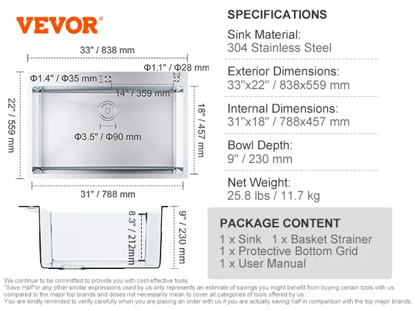VEVOR kitchen sink dimensions and specifications, including 304 stainless steel material and a 9" bowl depth.