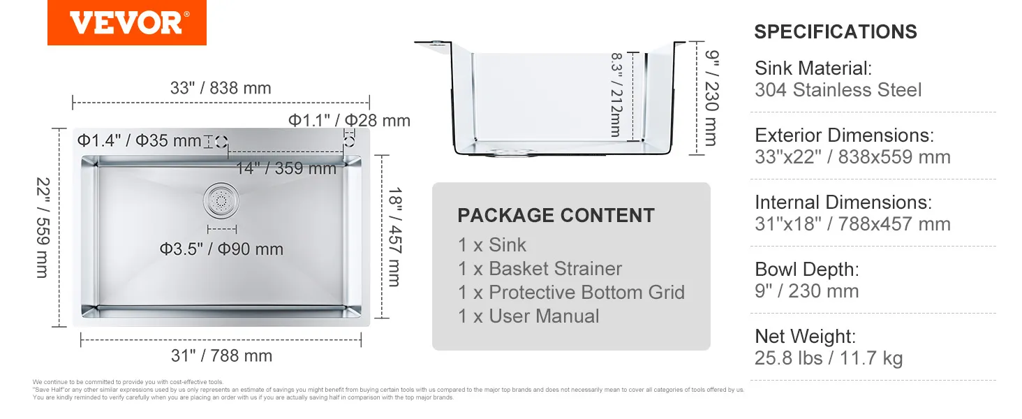 VEVOR kitchen sink dimensions and specifications, including 304 stainless steel material and a 9" bowl depth.