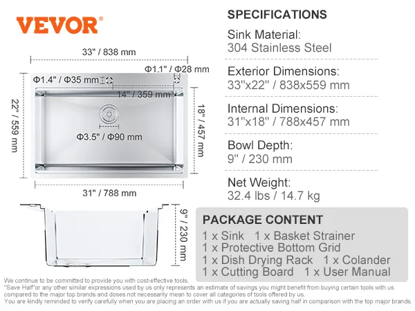 Dimensiones y especificaciones del fregadero de cocina VEVOR con accesorios incluidos como colador de cesta y rejilla de secado.