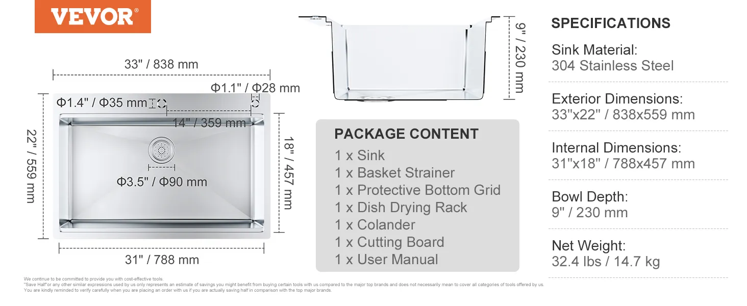 Dimensiones y especificaciones del fregadero de cocina VEVOR con accesorios incluidos como colador de cesta y rejilla de secado.