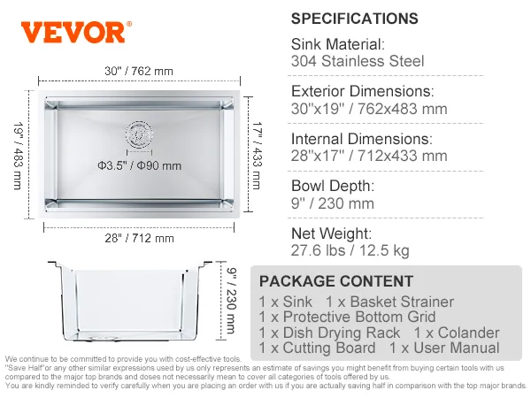 Fregadero de cocina VEVOR - 30" x 19" acero inoxidable 304, 9" de profundidad, incluye colador de canasta y tabla de cortar.