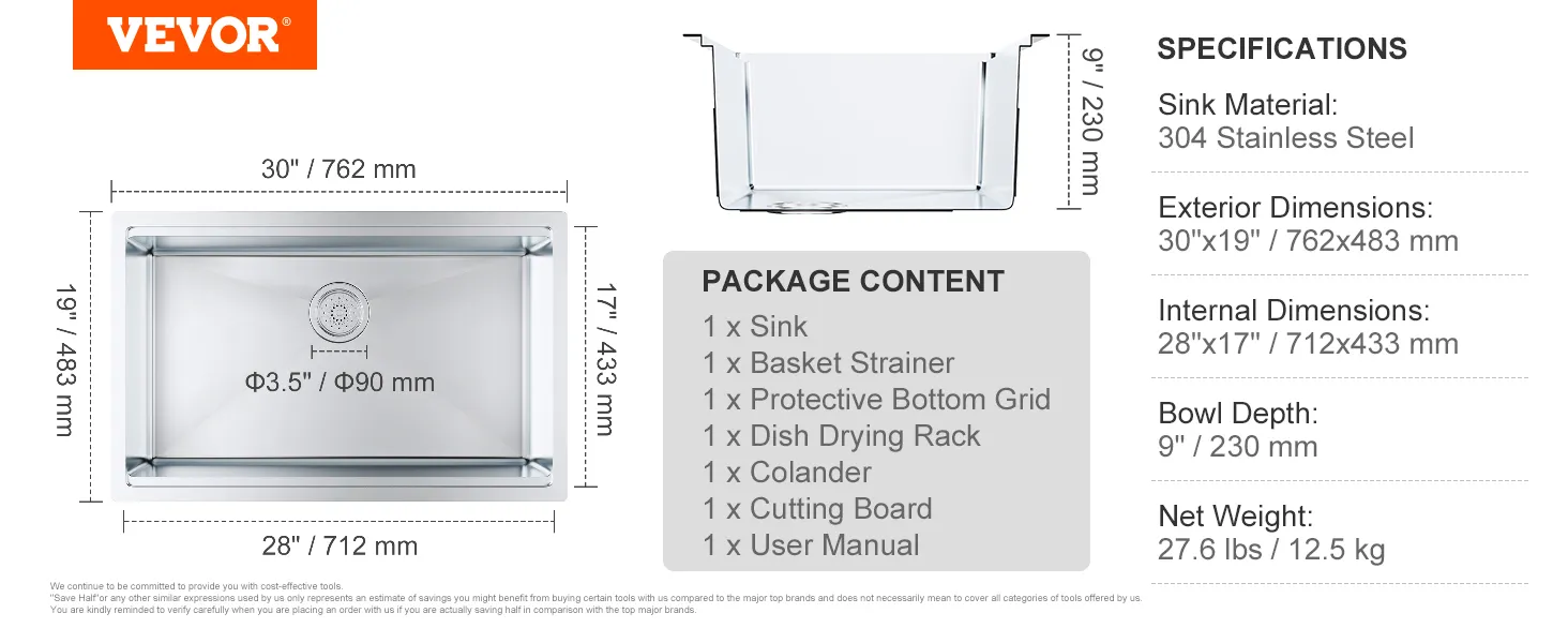 Fregadero de cocina VEVOR - 30" x 19" acero inoxidable 304, 9" de profundidad, incluye colador de canasta y tabla de cortar.