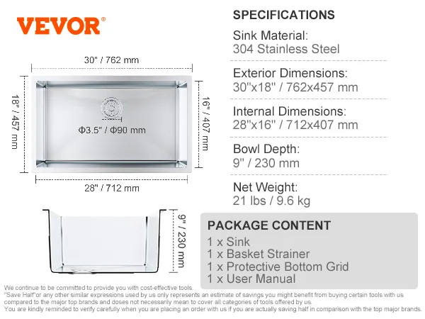 Especificaciones y dimensiones del fregadero de cocina VEVOR con contenido del paquete, incluidos accesorios.