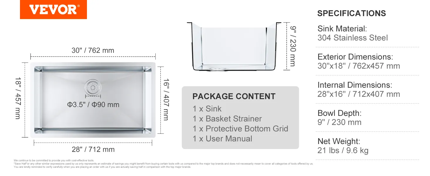Especificaciones y dimensiones del fregadero de cocina VEVOR con contenido del paquete, incluidos accesorios.